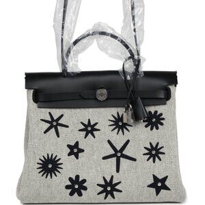 New Hermes Herbag Zip 31 Hobnailed Black and Ecru Printed Palladium Hardware Bag